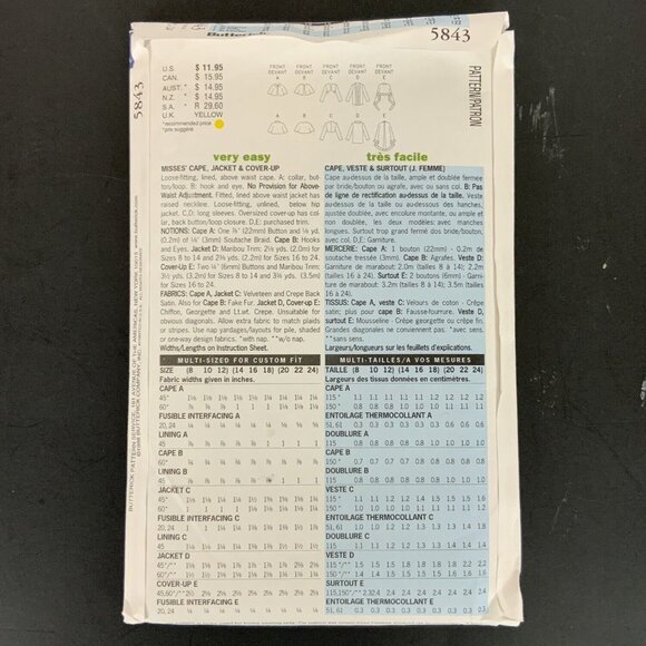 Butterick 5843 Misses Cape Jacket Cover-Up Plus Size 20-24 Sewing Pattern Uncut - Picture 2 of 3